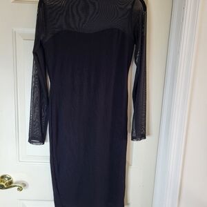 Black Long-Sleeve Mesh Yoke Bodycon Dress